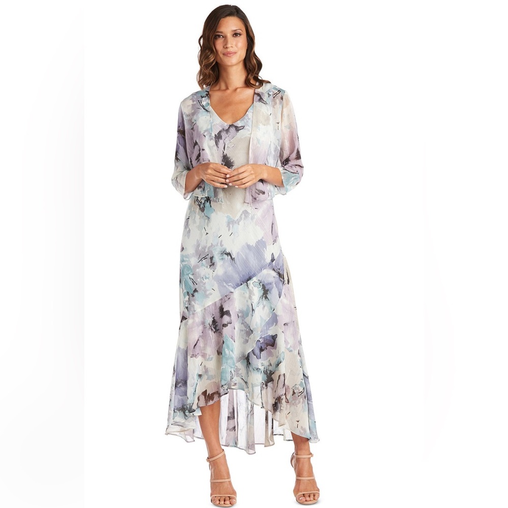 R&M Richards Abstract Print Dress with Sheer Overlay, EUC, Size-10, Macy…